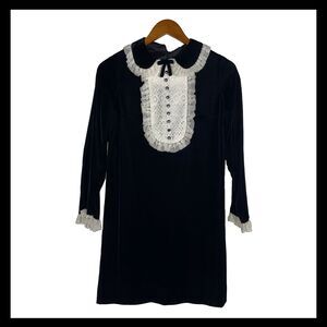 Vintage Black Velvet Mini Dress Lace Bib Peter Pan Collar Gothic Mod 60s Style